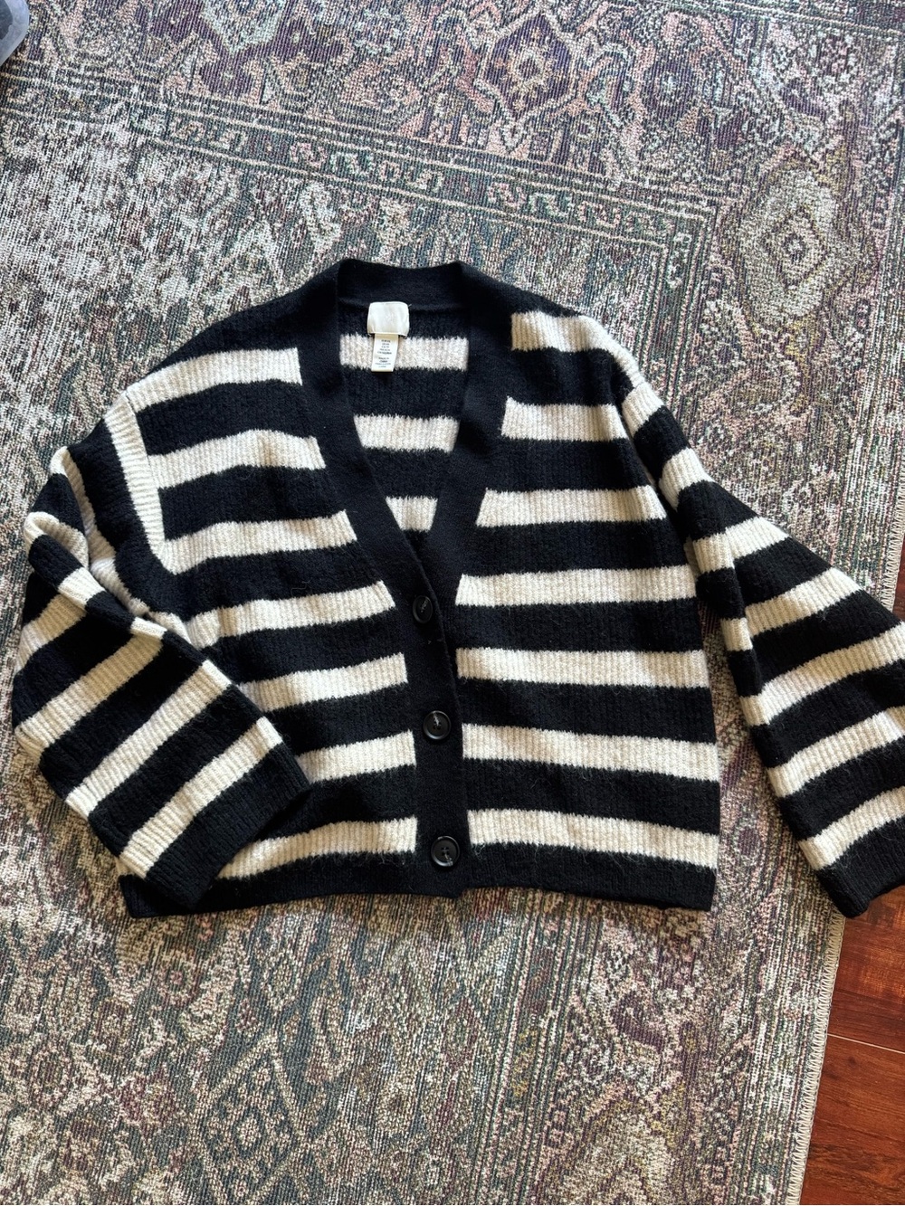 H&M Black and Cream Striped V-Neck Button Cardigan